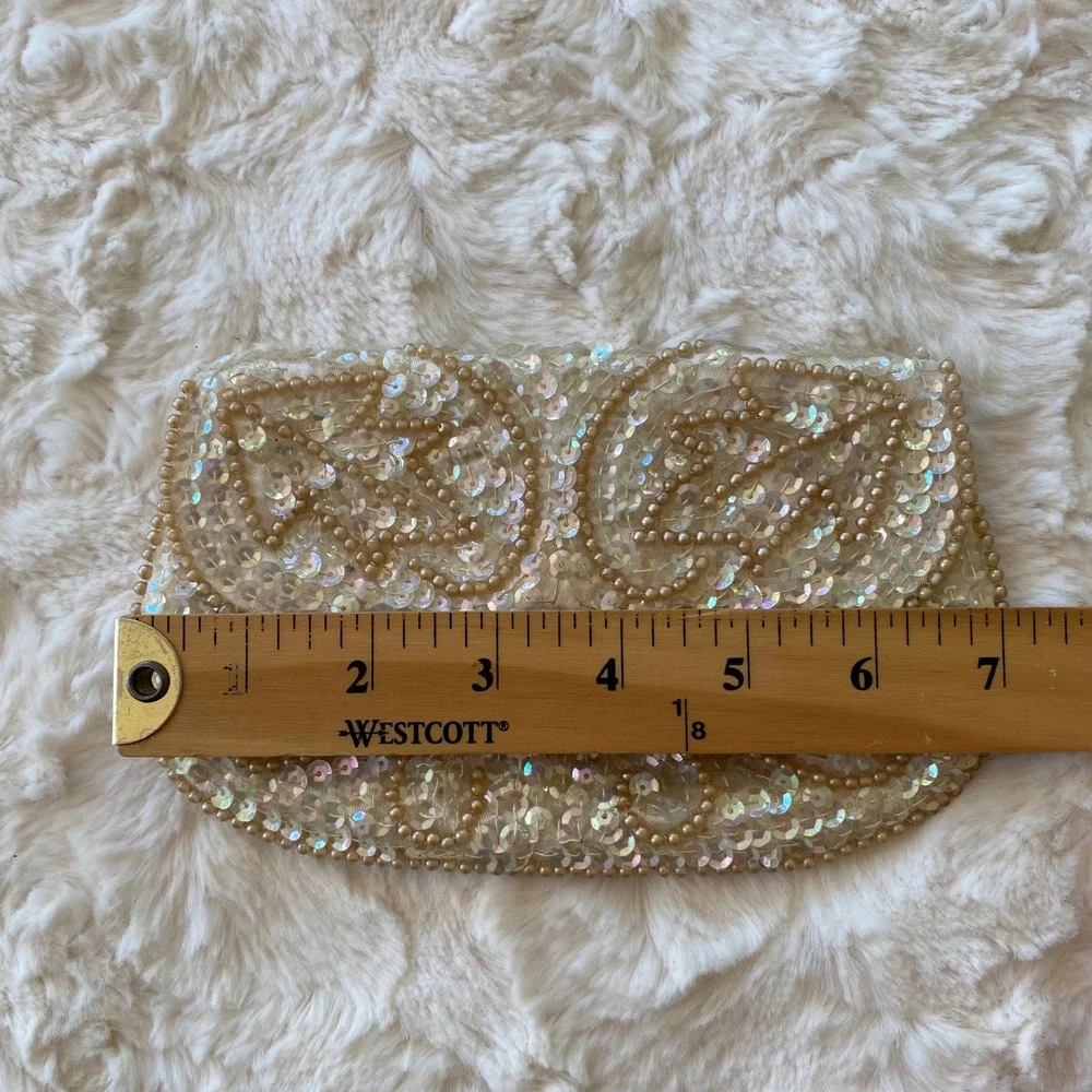 Vintage Miranda Clutch Cream Iridescent Sequin Faux Pearl Beaded Japan Retro